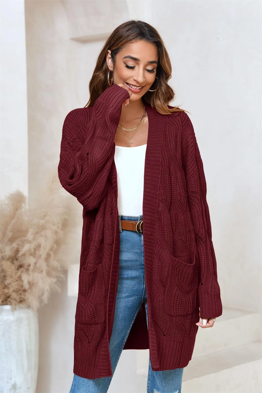 Miladusa Women's Cardigan Sweaters Long Sleeve Plus Size Solid Cable Knit Open Front Outerwear with Pockets