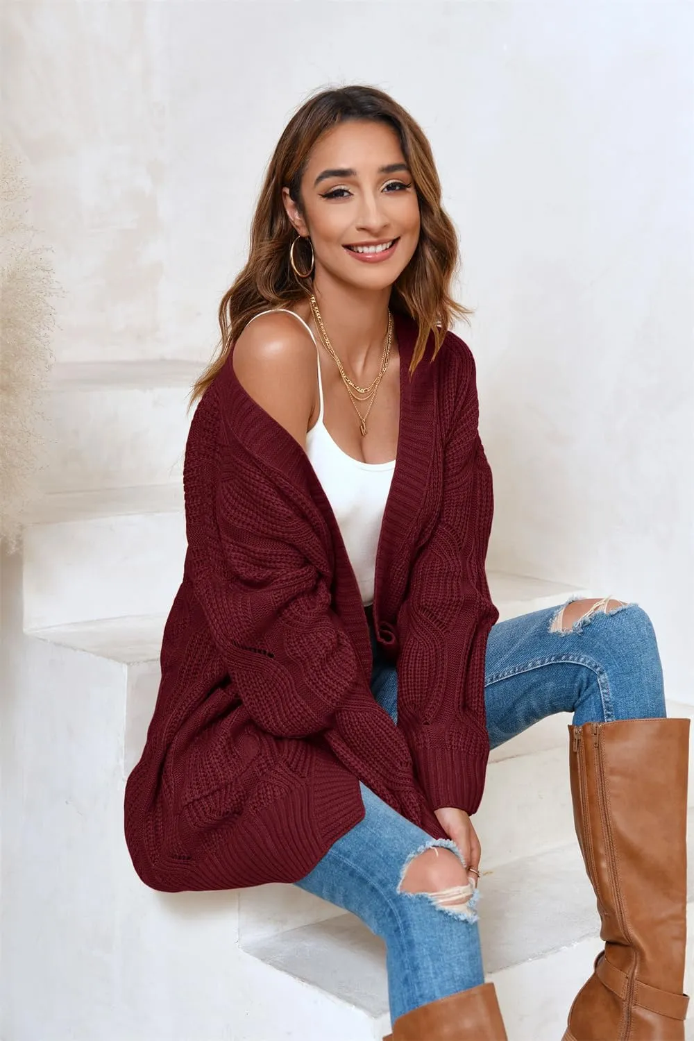Miladusa Women's Cardigan Sweaters Long Sleeve Plus Size Solid Cable Knit Open Front Outerwear with Pockets