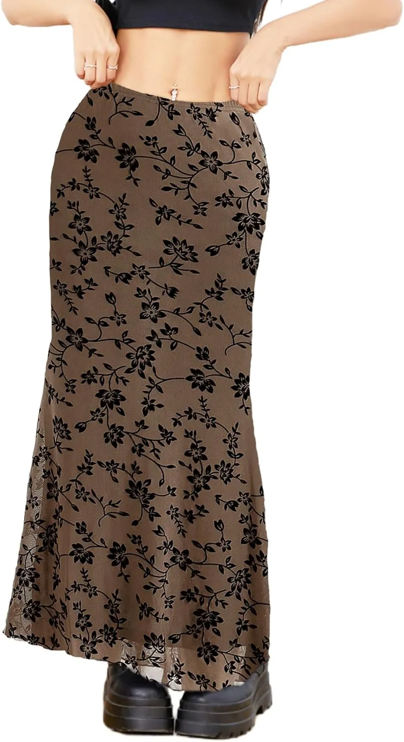 Milumia Women's Floral Print Mesh Long Skirt Low Waisted Y2k Flare Hem Fishtail Skirts