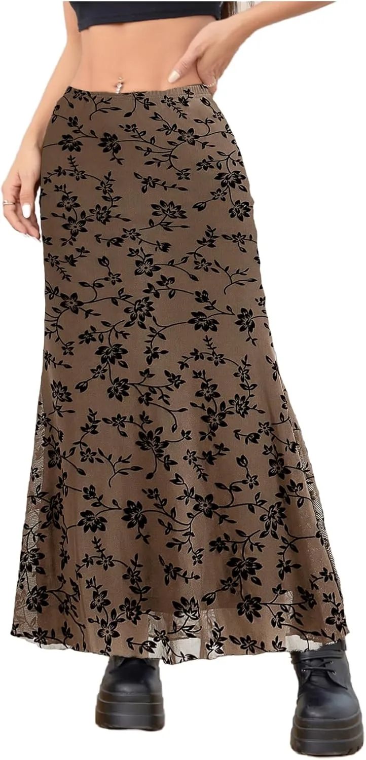Milumia Women's Floral Print Mesh Long Skirt Low Waisted Y2k Flare Hem Fishtail Skirts