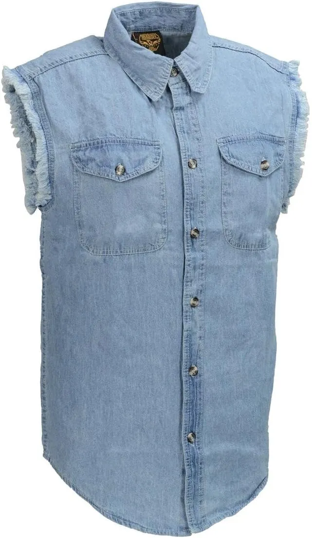 Milwaukee Leather DM1001 Men's Blue Lightweight Denim Shirt with Frayed Cut Off Sleeveless Look
