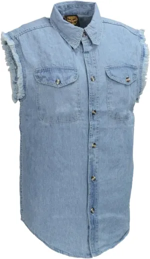 Milwaukee Leather DM1001 Men's Blue Lightweight Denim Shirt with Frayed Cut Off Sleeveless Look
