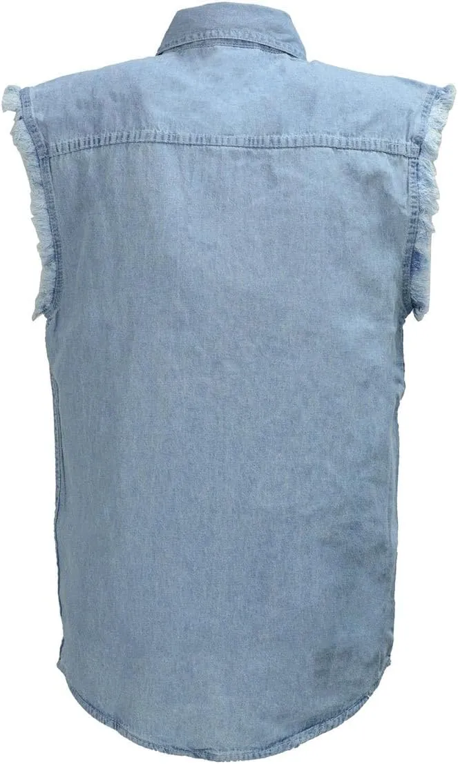 Milwaukee Leather DM1001 Men's Blue Lightweight Denim Shirt with Frayed Cut Off Sleeveless Look