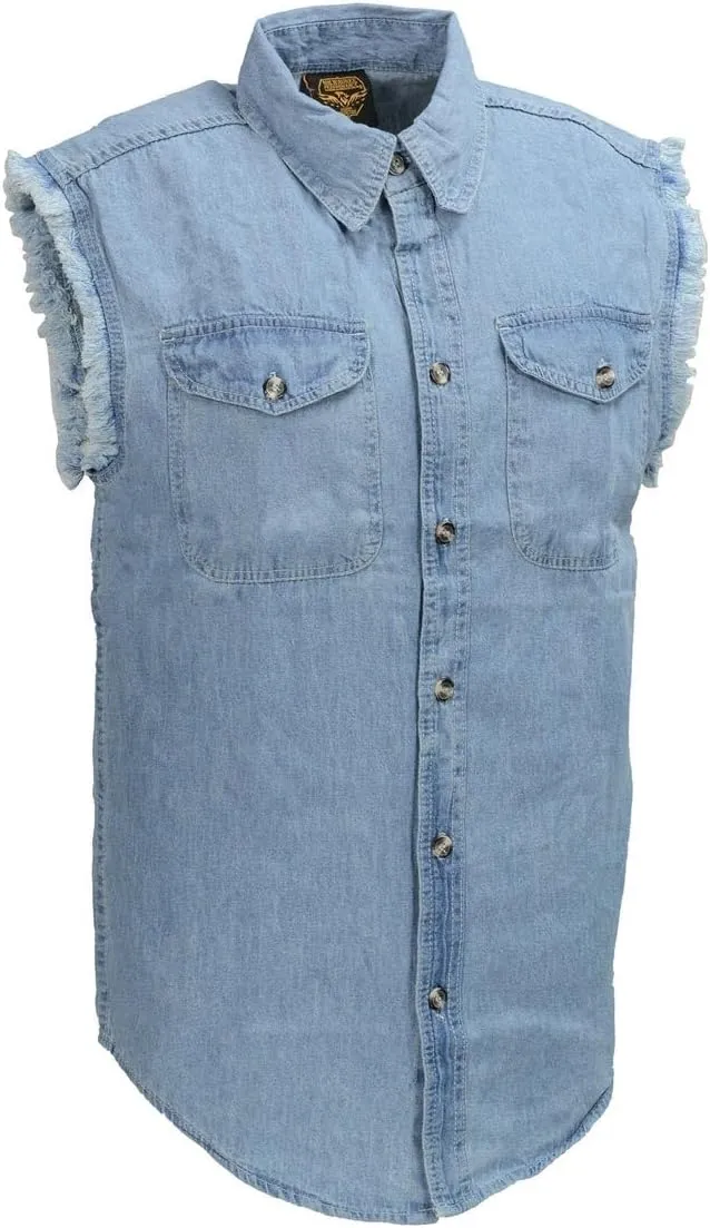 Milwaukee Leather DM1001 Men's Blue Lightweight Denim Shirt with Frayed Cut Off Sleeveless Look