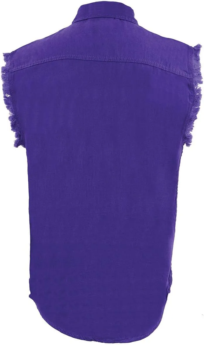 Milwaukee Leather DM1006 Men's Purple Lightweight Denim Shirt with with Frayed Cut Off Sleeveless Look - Medium