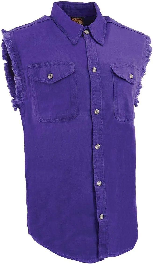 Milwaukee Leather DM1006 Men's Purple Lightweight Denim Shirt with with Frayed Cut Off Sleeveless Look - Medium