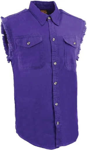 Milwaukee Leather DM1006 Men's Purple Lightweight Denim Shirt with with Frayed Cut Off Sleeveless Look - Medium
