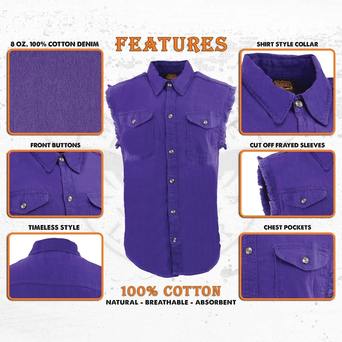 Milwaukee Leather DM1006 Men's Purple Lightweight Denim Shirt with with Frayed Cut Off Sleeveless Look - Medium