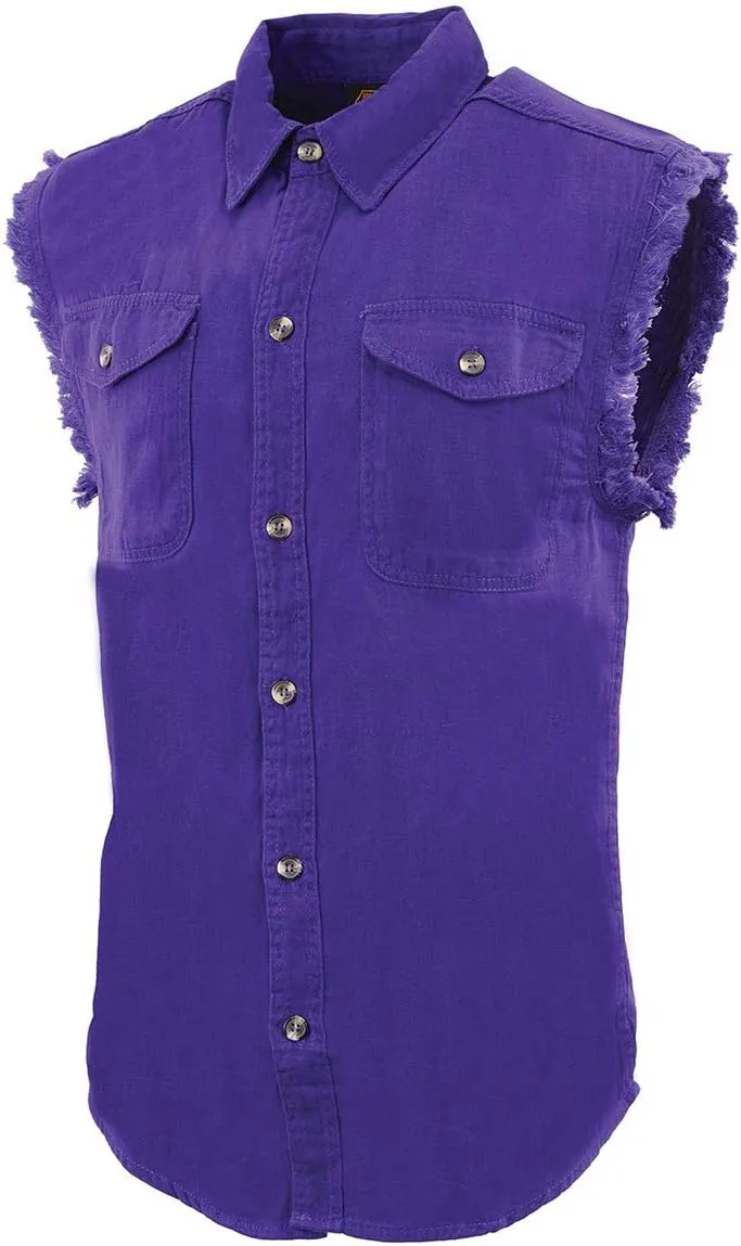 Milwaukee Leather DM1006 Men's Purple Lightweight Denim Shirt with with Frayed Cut Off Sleeveless Look - Medium