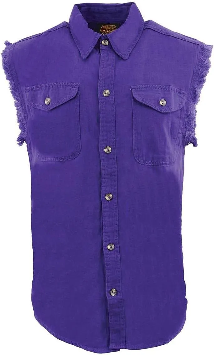 Milwaukee Leather DM1006 Men's Purple Lightweight Denim Shirt with with Frayed Cut Off Sleeveless Look - Medium
