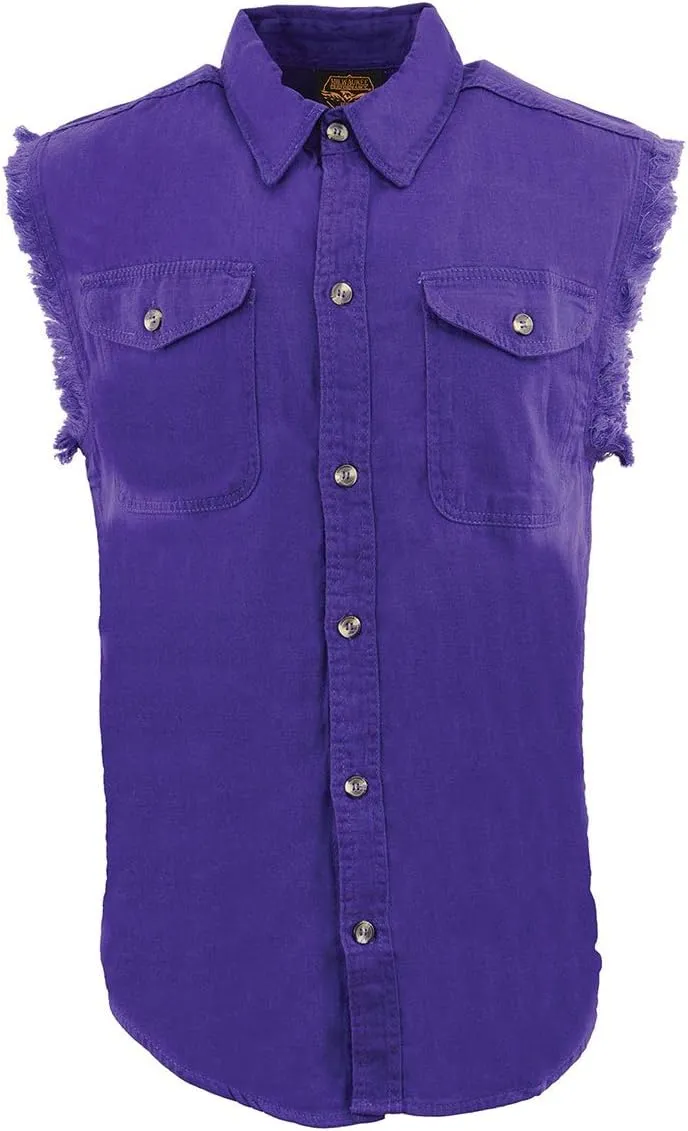 Milwaukee Leather DM1006 Men's Purple Lightweight Denim Shirt with with Frayed Cut Off Sleeveless Look - Medium