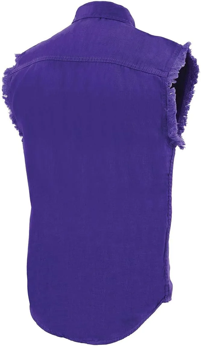 Milwaukee Leather DM1006 Men's Purple Lightweight Denim Shirt with with Frayed Cut Off Sleeveless Look - Medium