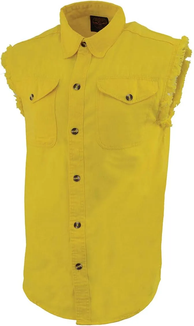 Milwaukee Leather DM4008 Men's Yellow Lightweight Denim Shirt with with Frayed Cut Off Sleeveless Look - 4X-Large
