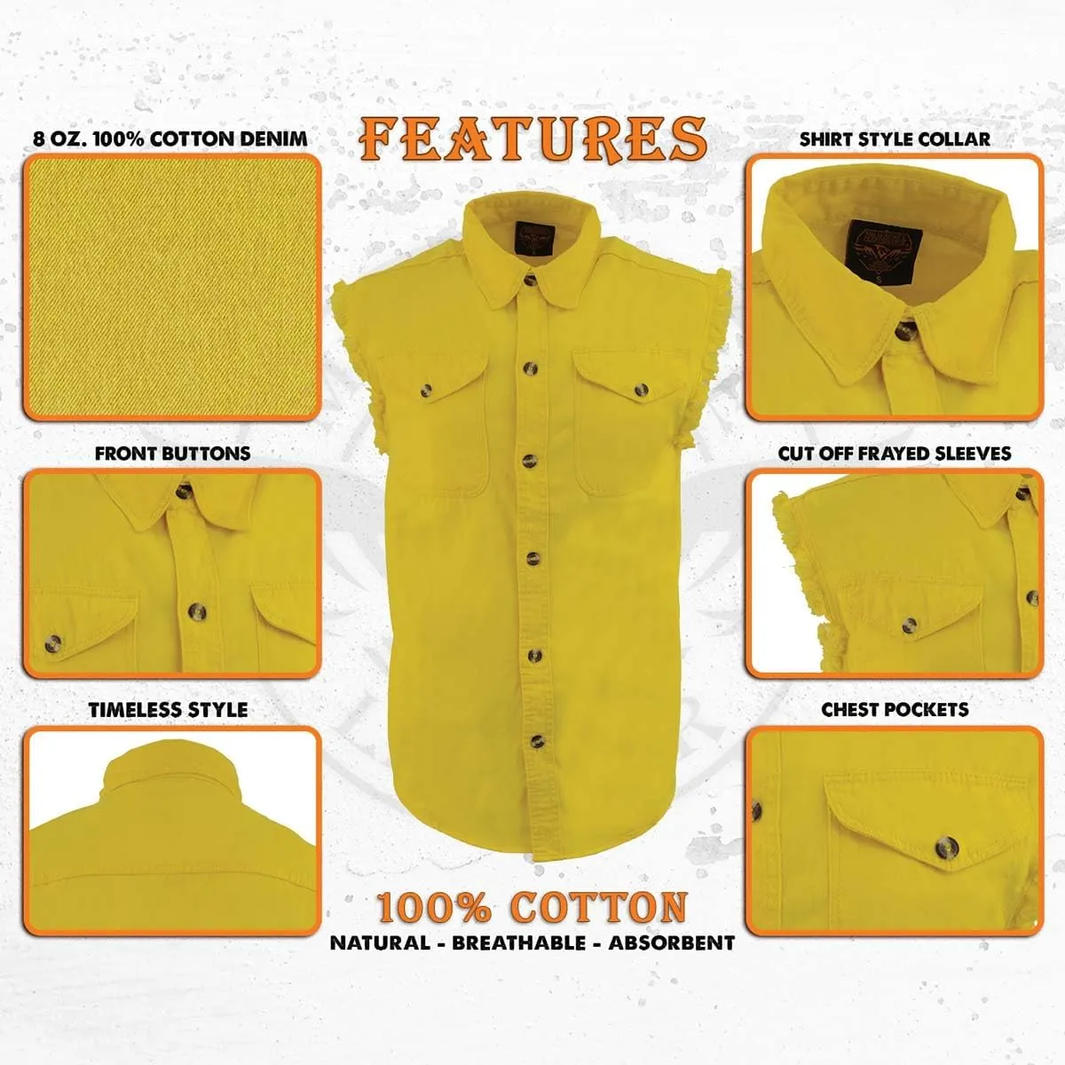 Milwaukee Leather DM4008 Men's Yellow Lightweight Denim Shirt with with Frayed Cut Off Sleeveless Look - 4X-Large