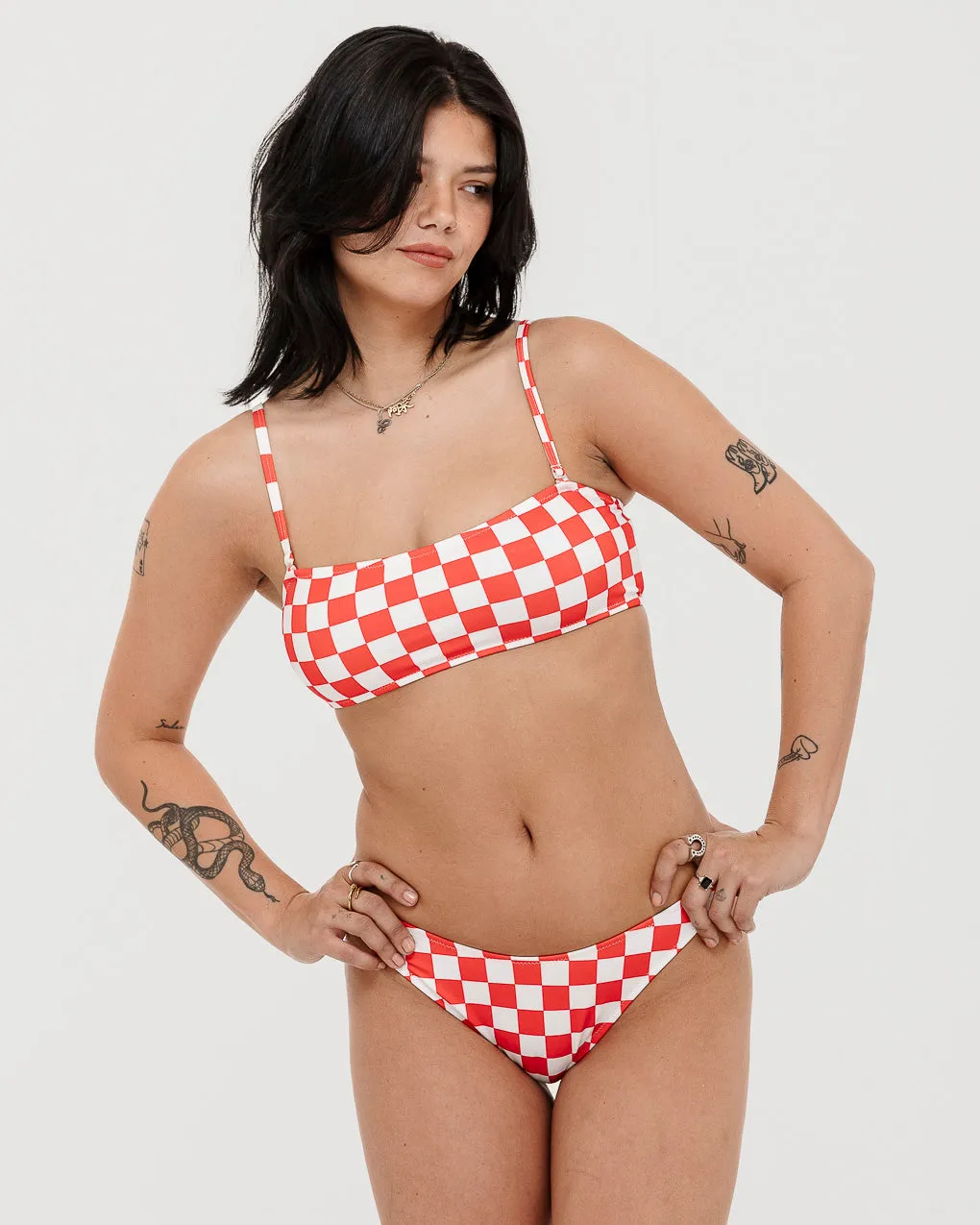 Mini Checkerboard Bikini Top - Off White & Red