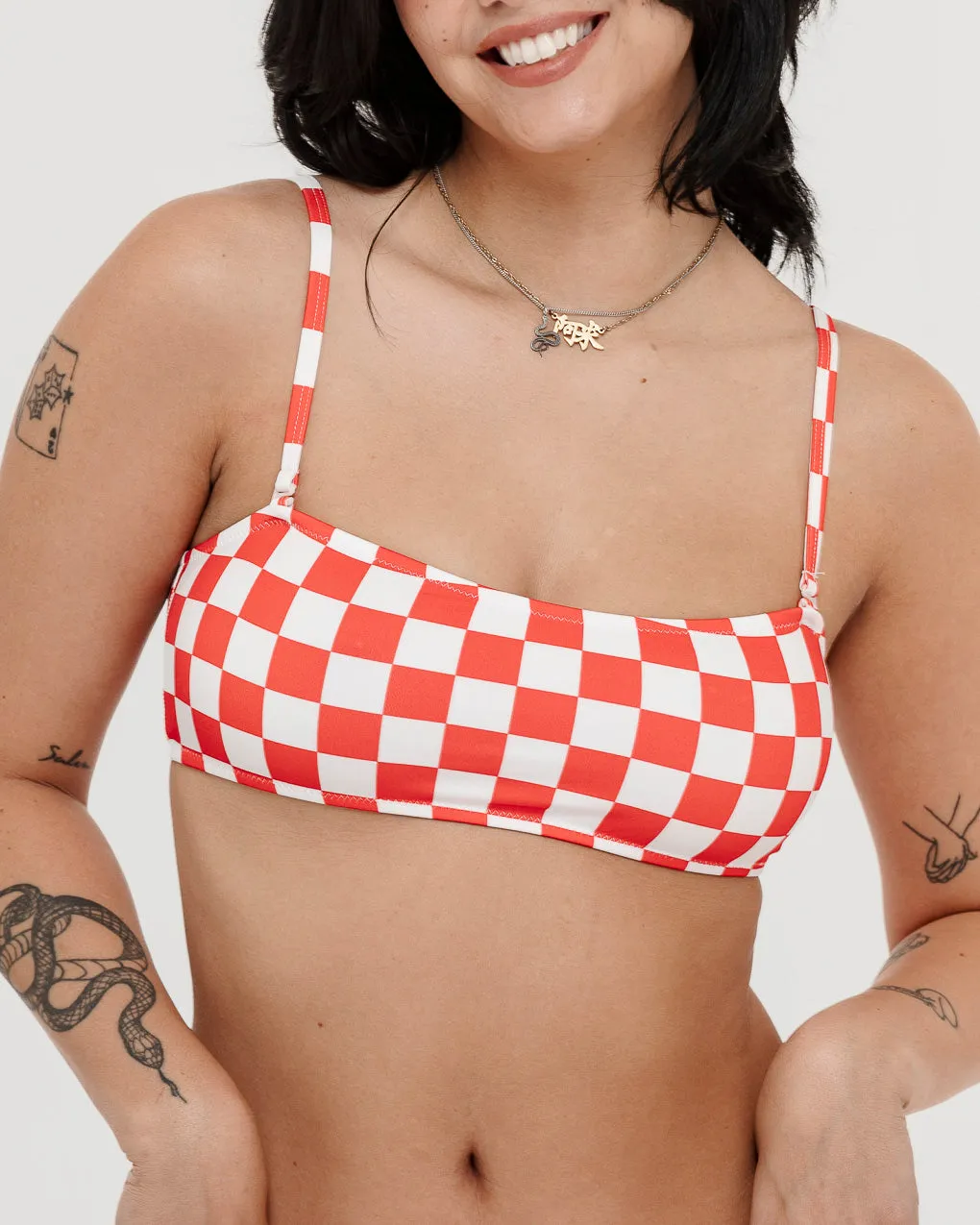 Mini Checkerboard Bikini Top - Off White & Red