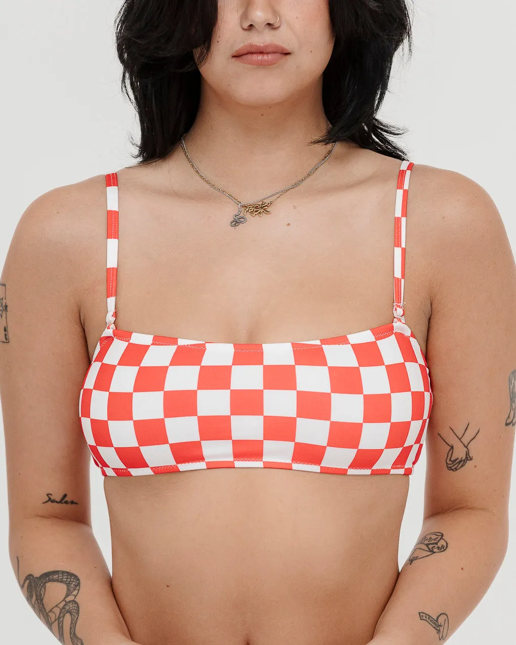 Mini Checkerboard Bikini Top - Off White & Red