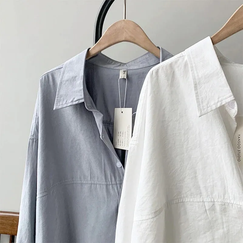Minimalist Loose Turn-down Collar Long Sleeve Summer Blouses