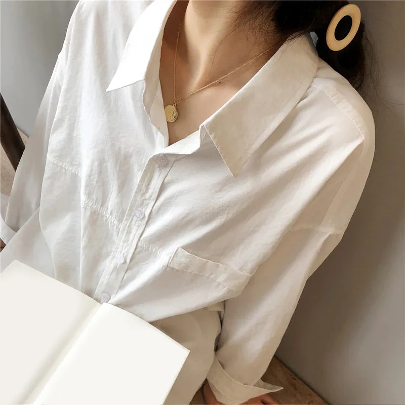 Minimalist Loose Turn-down Collar Long Sleeve Summer Blouses