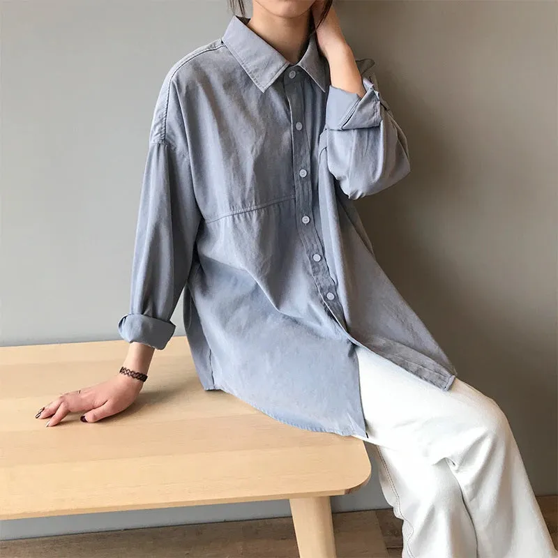 Minimalist Loose Turn-down Collar Long Sleeve Summer Blouses