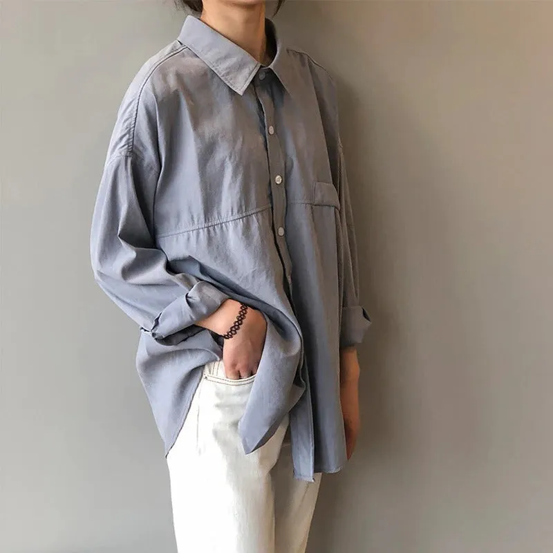 Minimalist Loose Turn-down Collar Long Sleeve Summer Blouses