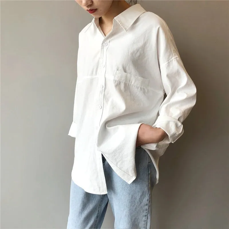 Minimalist Loose Turn-down Collar Long Sleeve Summer Blouses