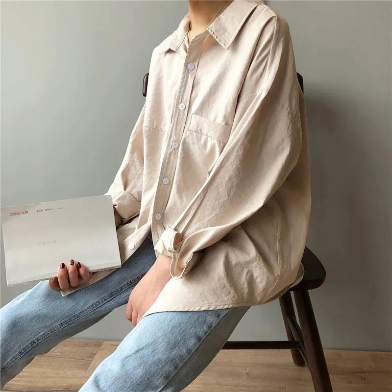Minimalist Loose Turn-down Collar Long Sleeve Summer Blouses