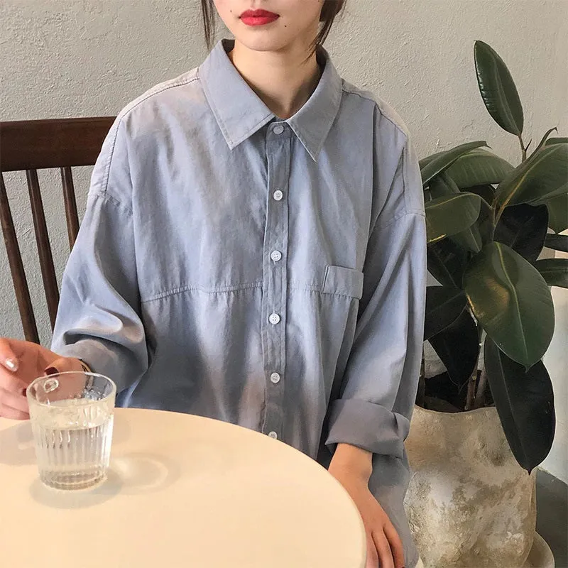 Minimalist Loose Turn-down Collar Long Sleeve Summer Blouses