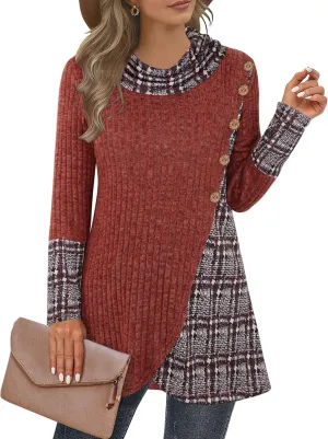 Miusey Women's Cowl Neck Pullover Sweaters Lightweight Long Sleeve Tunic Sweatshirts Asymmetric Hem Knit Sweater