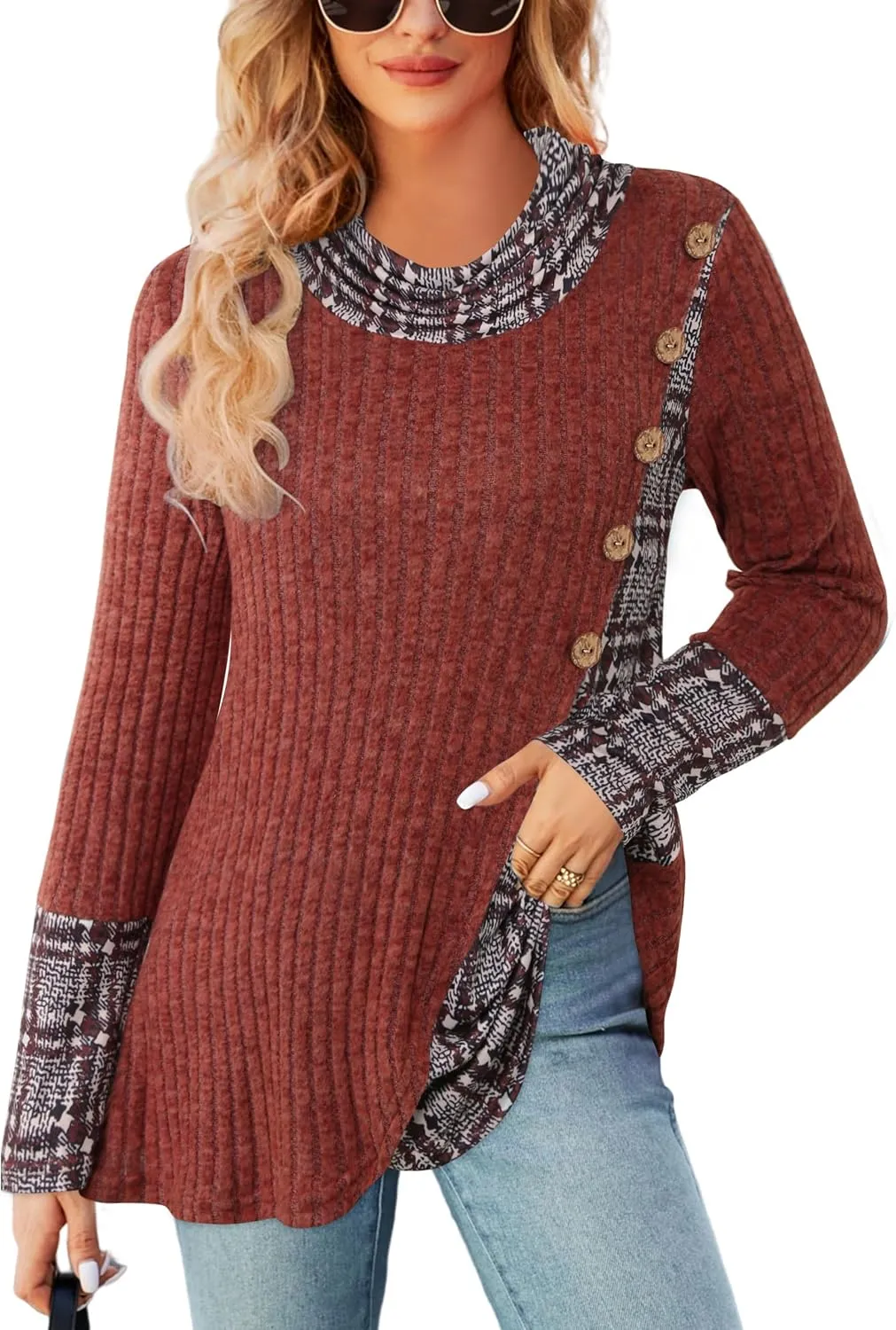 Miusey Women's Cowl Neck Pullover Sweaters Lightweight Long Sleeve Tunic Sweatshirts Asymmetric Hem Knit Sweater