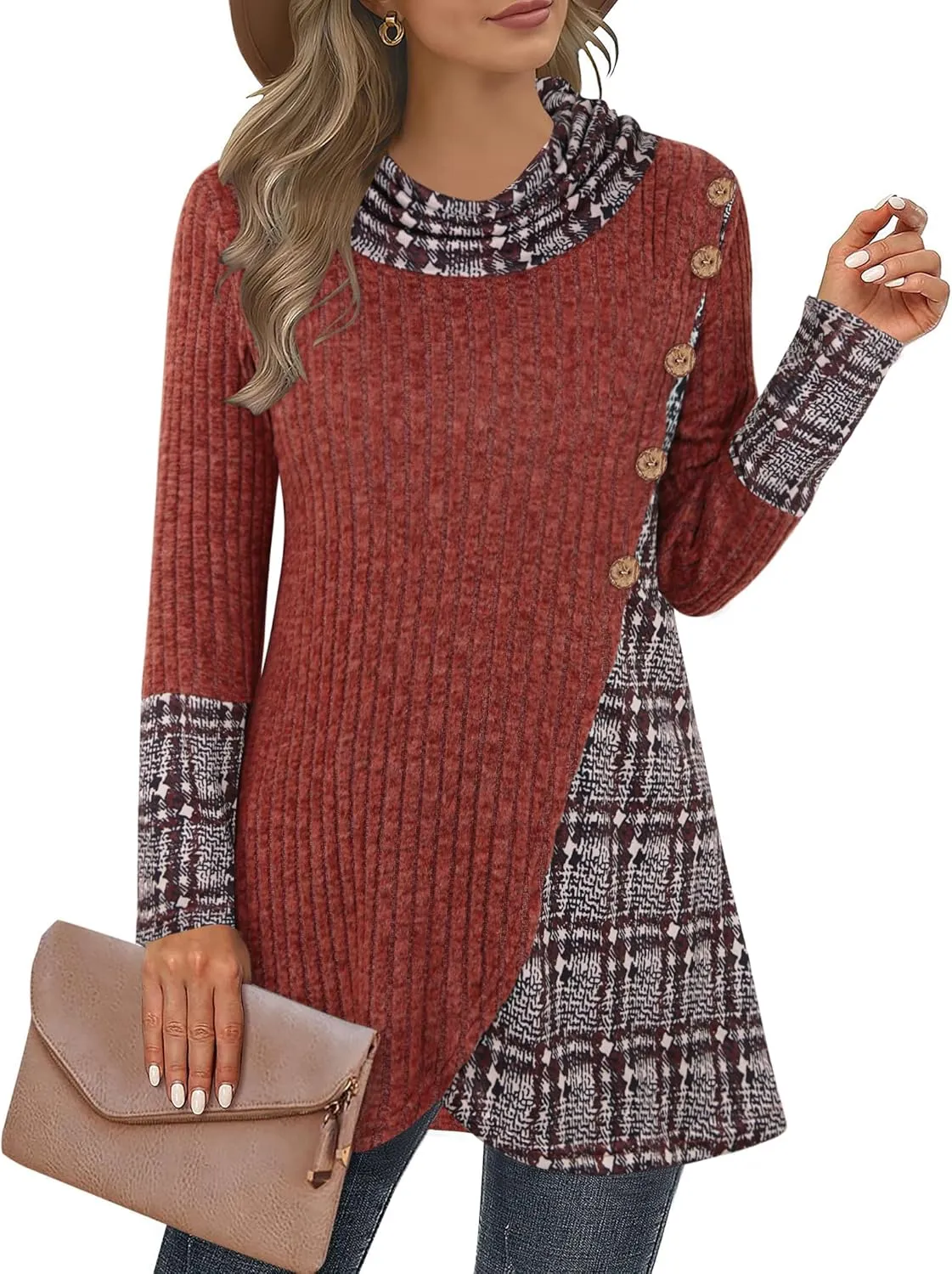 Miusey Women's Cowl Neck Pullover Sweaters Lightweight Long Sleeve Tunic Sweatshirts Asymmetric Hem Knit Sweater