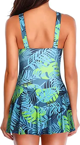 Modest And Flattering Tummy Control Swimdress Swimsuits For Women-Dark Blue Green Leaves