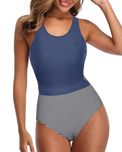 Modest Swimsuit Flattering Women One Piece Swimsuits-Blue White Stripe