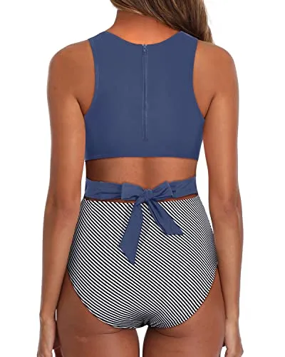 Modest Swimsuit Flattering Women One Piece Swimsuits-Blue White Stripe