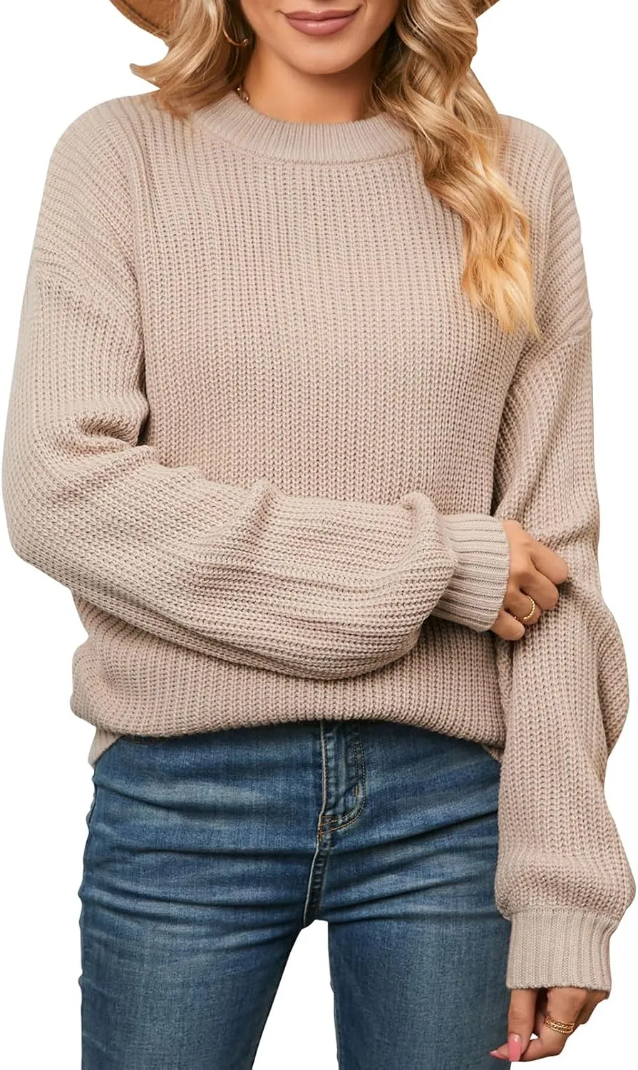 Naggoo Women's Long Sleeve Crew Neck Casual Chunky Knit Pullover Sweaters Tops