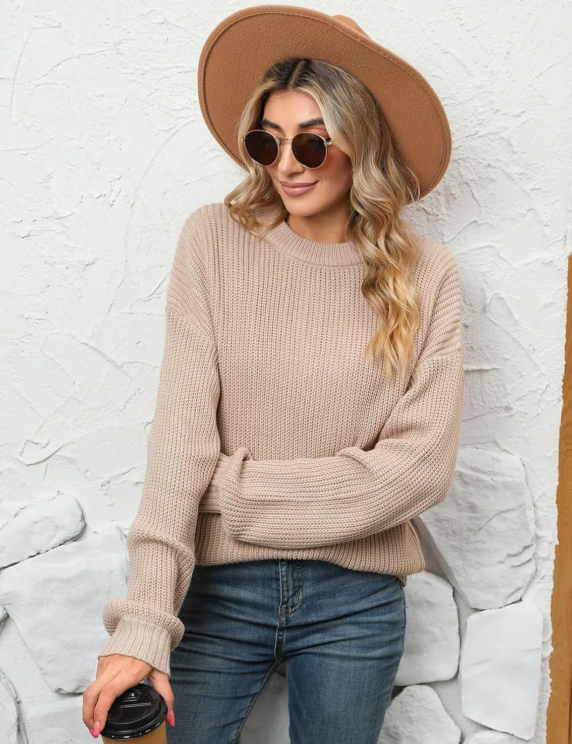 Naggoo Women's Long Sleeve Crew Neck Casual Chunky Knit Pullover Sweaters Tops
