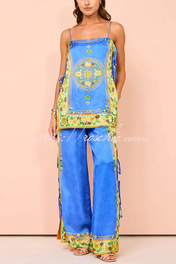 Nara Satin Unique Print Side Lace-up Tank and Elastic Waist Pocketed Wide Leg Pants Set