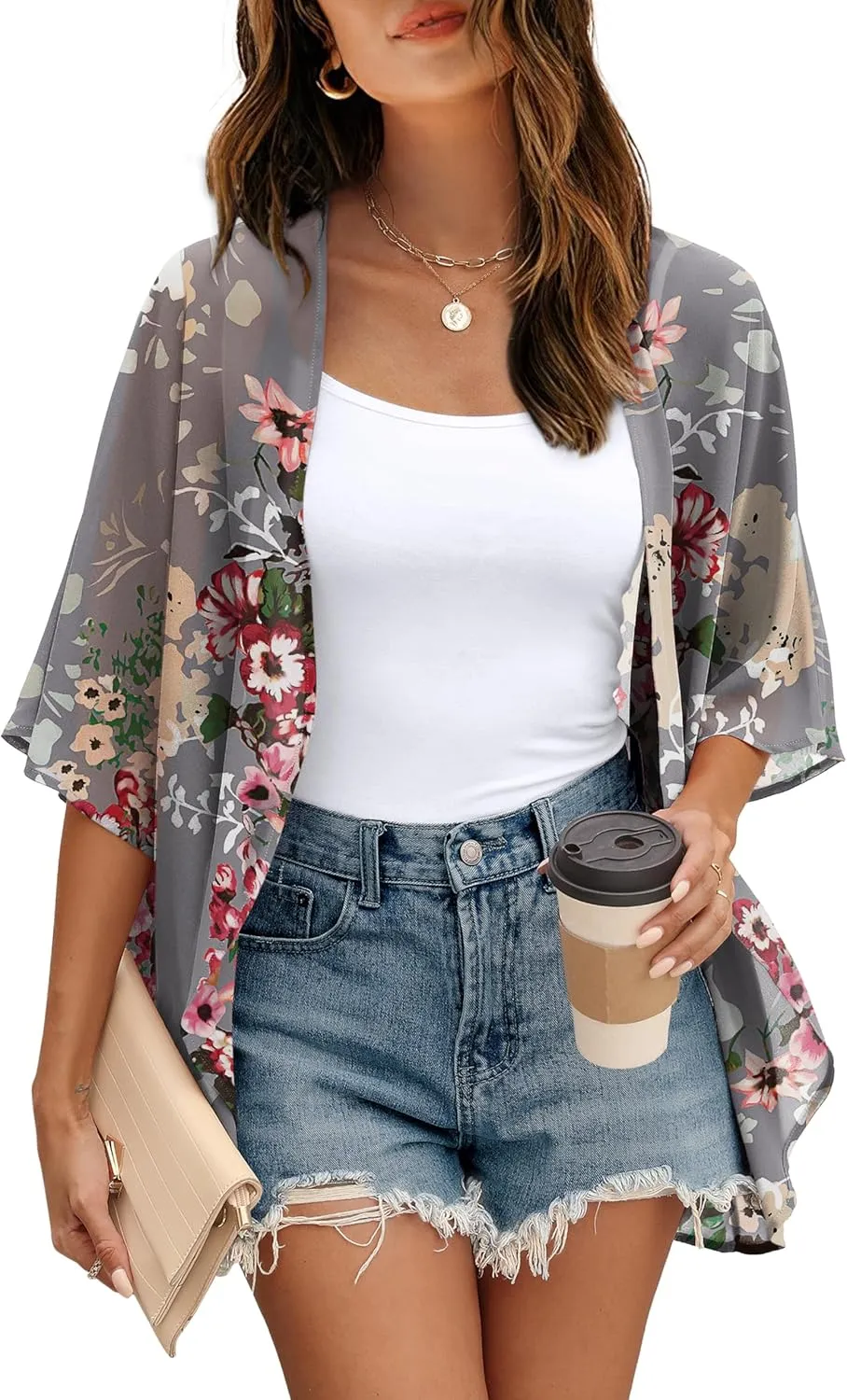 OFEEFAN Beach Cover Ups for Women 3/4 Length Sleeve Womens Tops Summer Cardigan Casual Blouses Loose Fit