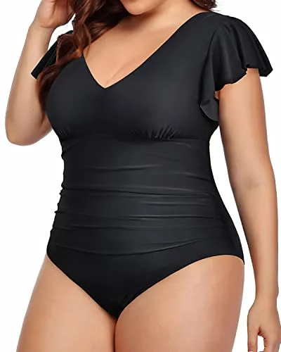 One Piece Tummy Control Ruffle Swimsuits Plus Size Swimwear For Women-Black