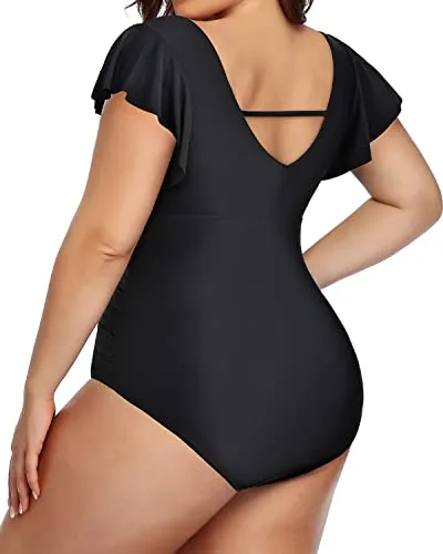 One Piece Tummy Control Ruffle Swimsuits Plus Size Swimwear For Women-Black