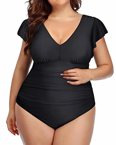One Piece Tummy Control Ruffle Swimsuits Plus Size Swimwear For Women-Black
