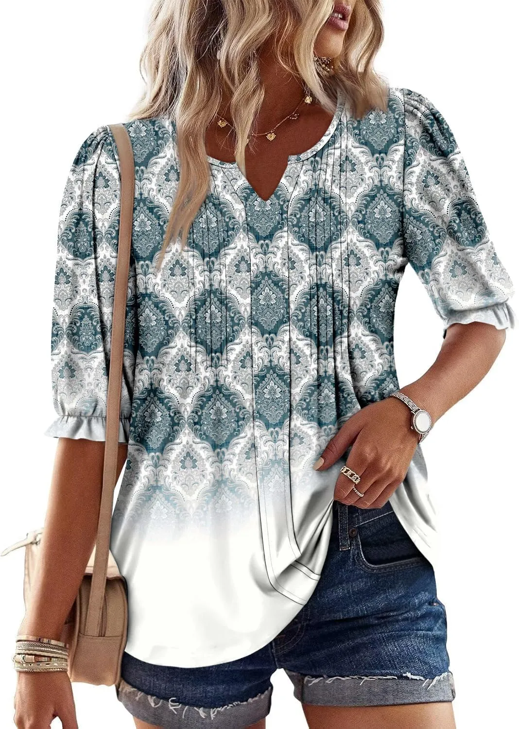 ONLYSHE Women's 3/4 Length Shirts Summer Floral Tunic Tops V Neck Shirts Loose Fit Henly Blouse for Leggings