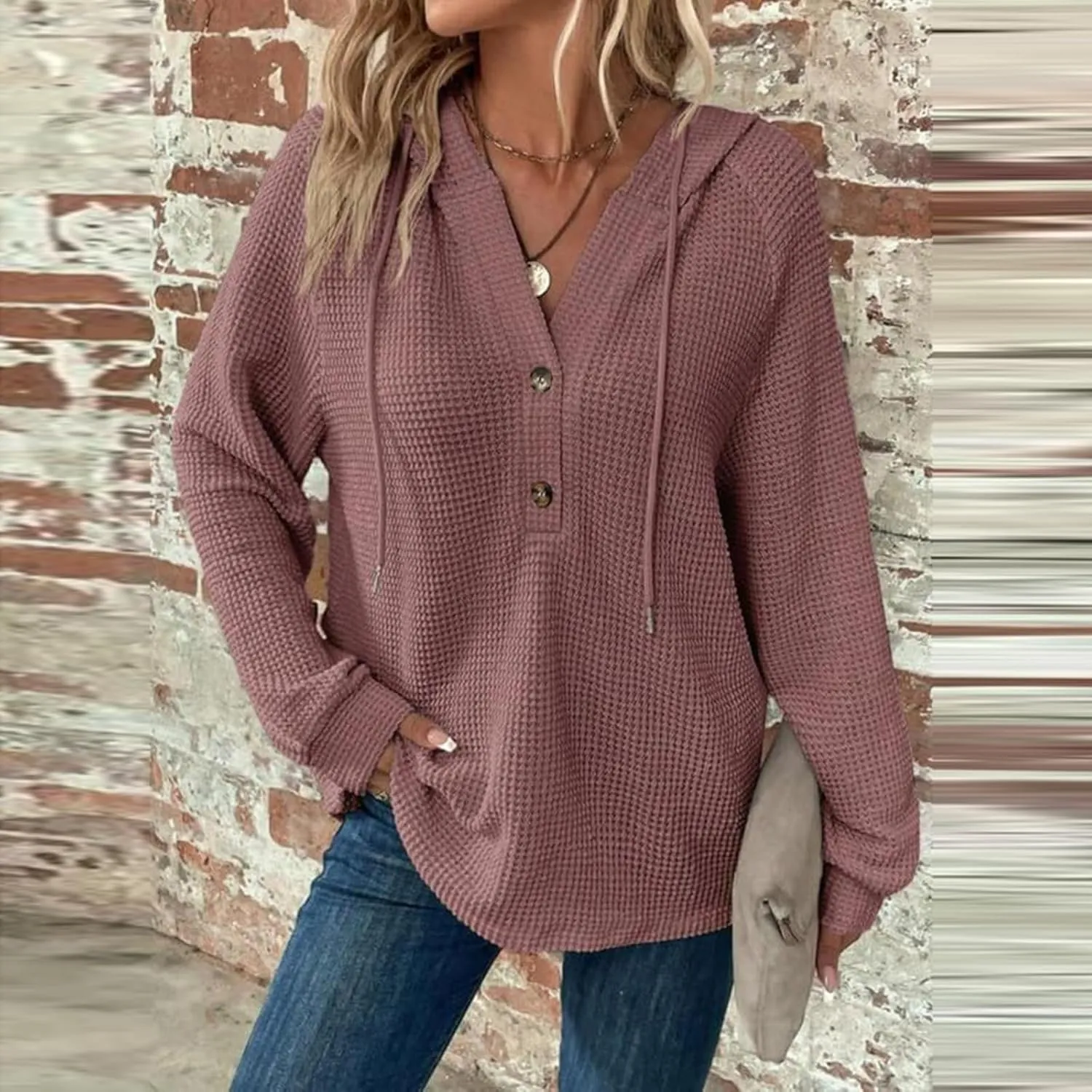 Oversized Hoodies for Women Soft V Neck Waffle Knit Hooded Sweatshirt Lightweight Fall Long Sleeve Pullover Sweaters