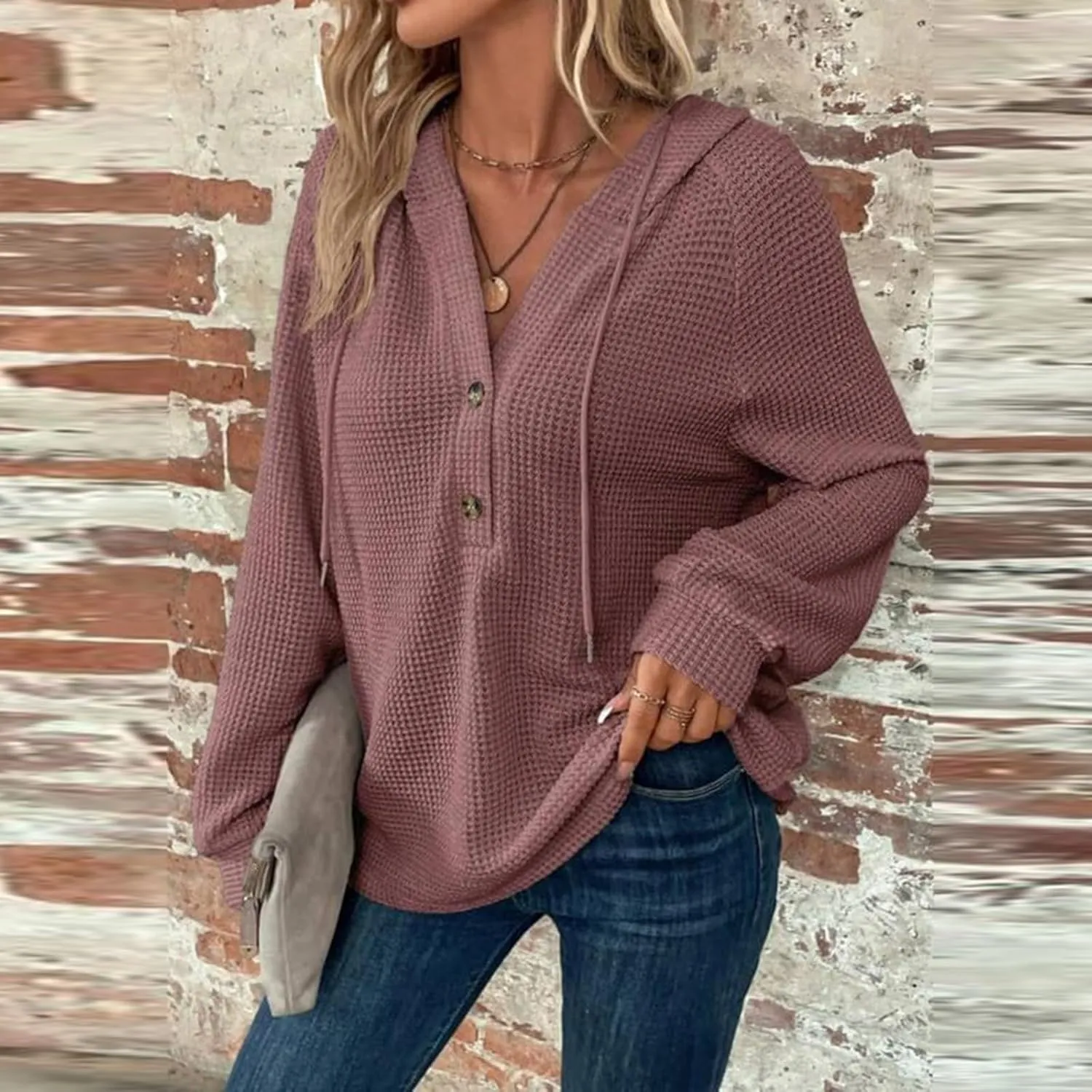 Oversized Hoodies for Women Soft V Neck Waffle Knit Hooded Sweatshirt Lightweight Fall Long Sleeve Pullover Sweaters