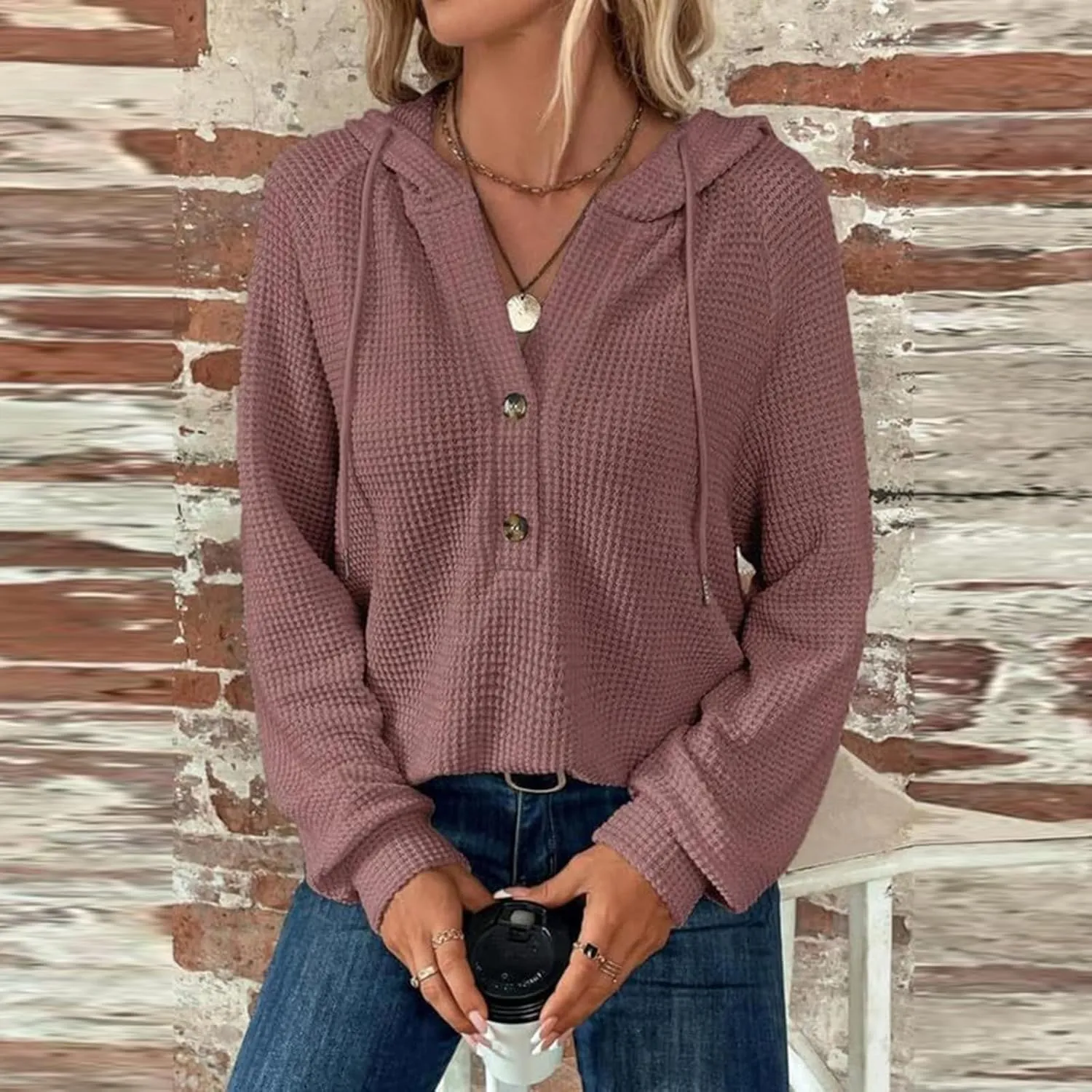 Oversized Hoodies for Women Soft V Neck Waffle Knit Hooded Sweatshirt Lightweight Fall Long Sleeve Pullover Sweaters