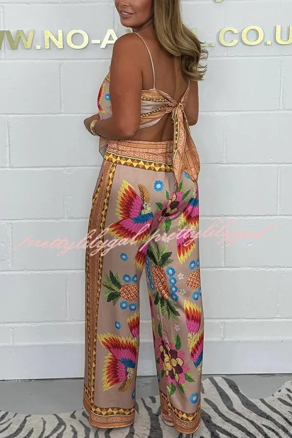 Parrot Satin Unique Print Scarf Tank and Elastic Waist Wide Leg Pants Set