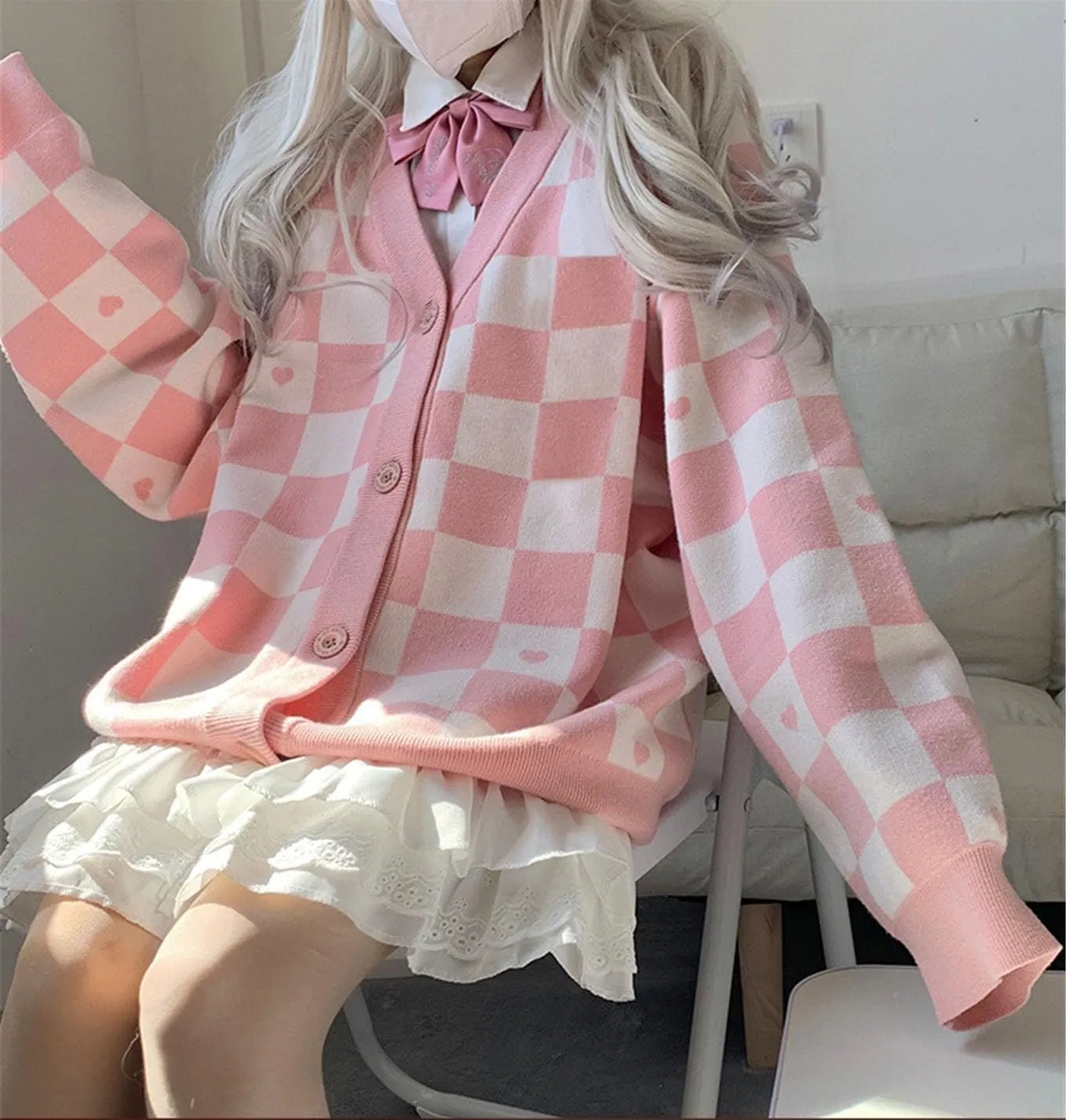 Plaid Cardigan Sweaters for Women Girls Long Sleeve Open Front Knit Cardigans JK School Uniform