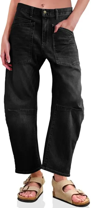 PLNOTME Womens Baggy Barrel Jeans Boyfriend High Waisted Wide Leg Cropped Ankle Denim Pants