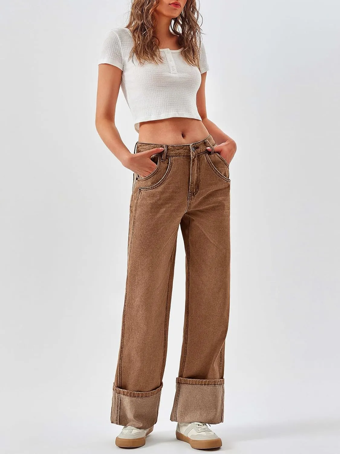 PLNOTME Womens Baggy Jeans Boyfriend Wide Leg Trendy Casual Mid Rise Cuffed Hem Denim Pants with Pockets
