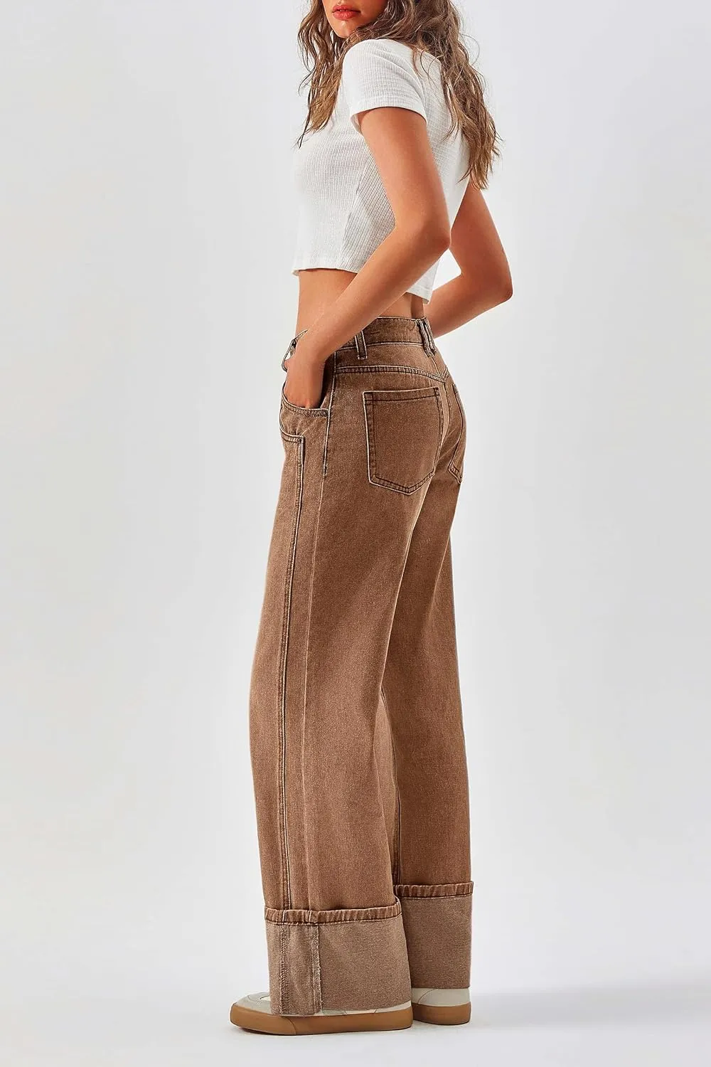 PLNOTME Womens Baggy Jeans Boyfriend Wide Leg Trendy Casual Mid Rise Cuffed Hem Denim Pants with Pockets